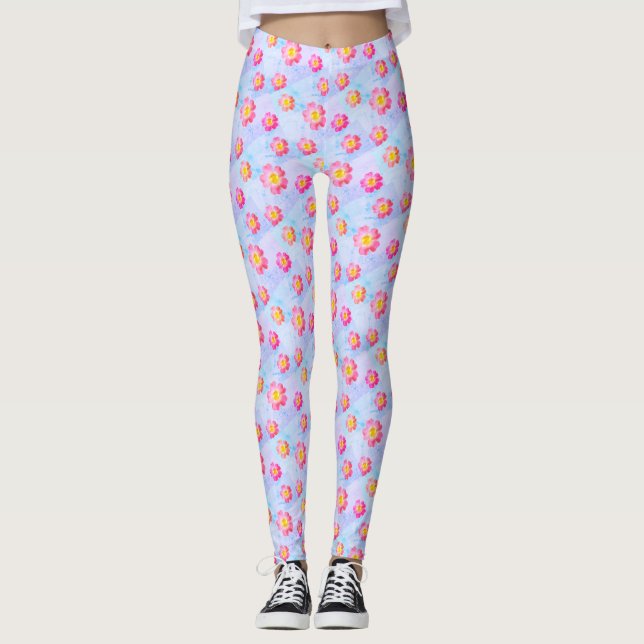 Rosa blommönster på pastellfärger leggings (Framsida)