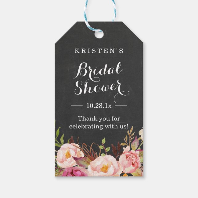 Rosa blommönster på svart tavla | Bröllopsdusch ta Presentetikett (Framsidan)