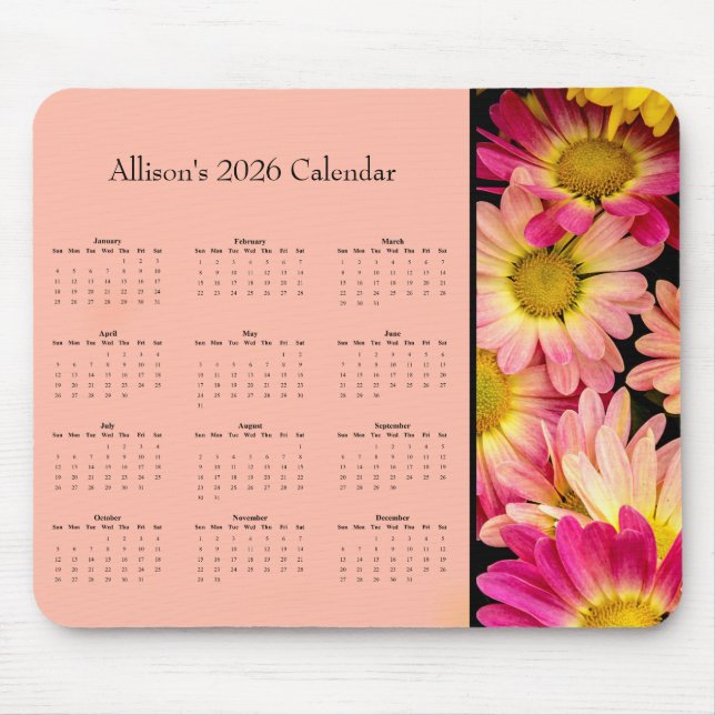 Rosa blommor: Anpassa hela året 2026 kalender Musmatta (Framsidan)