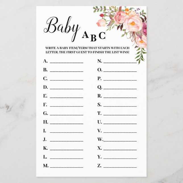 Rosa blommor Baby ABC Baby Shower Spelkort Flygblad (Framsidan)