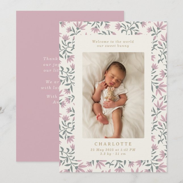 Rosa blommor | baby-kort för födelseanmälan inbjudningar (Fram/baksida)