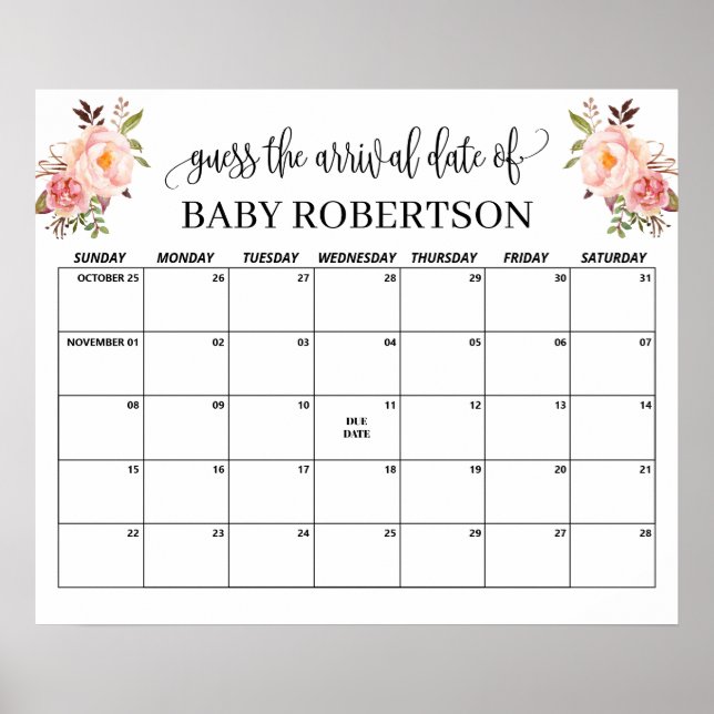 Rosa blommor Baby Shower Gissa Förfallodatum Kalen Poster (Framsidan)