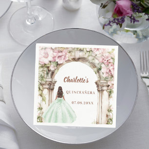 Rosa blommor bågar grön klänning Quinceanera lunch Pappersservett