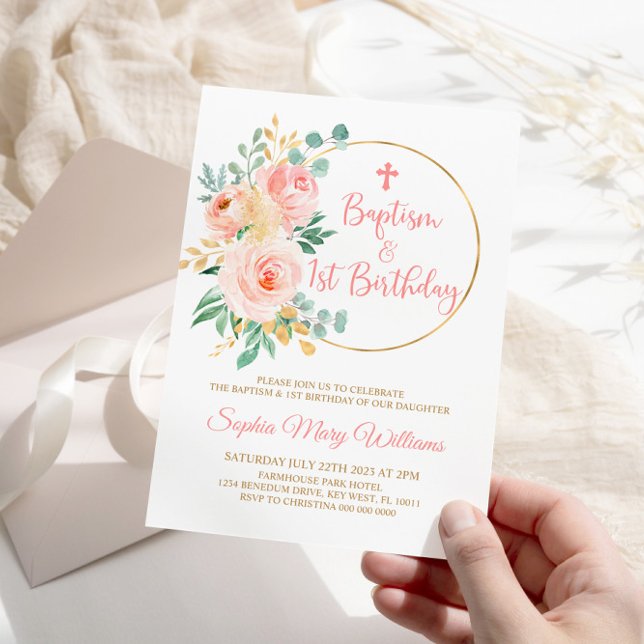  Rosa Blommor Baptism och första födelsedag Inbjudningar (Skapare uppladdad)