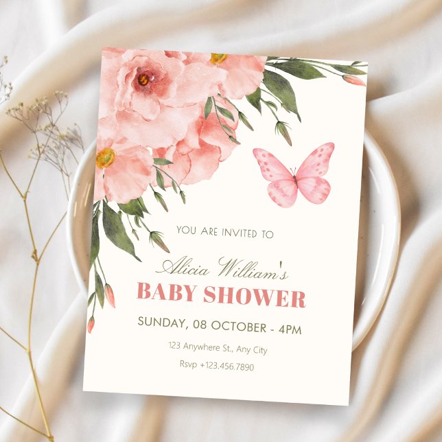Rosa blommor blommar baby shower inbjudningar (Skapare uppladdad)