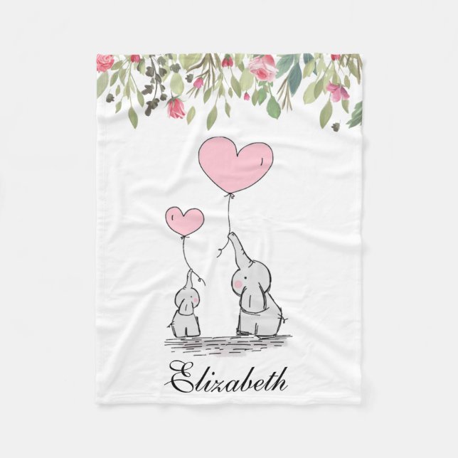 Rosa blommor Blommig Elefant Mor Bebis Fleecefilt (Framsidan)