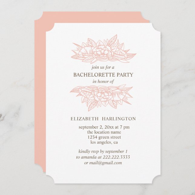 Rosa blommor.  blommigt bachelorette-parti inbjudningar (Fram/baksida)