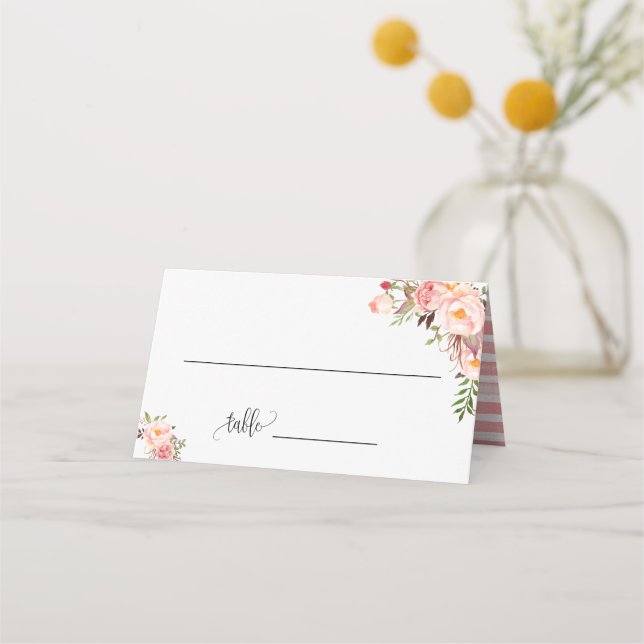 Rosa blommor Boho Chic bröllop sittplatser vikta Placeringskort (Framsida)