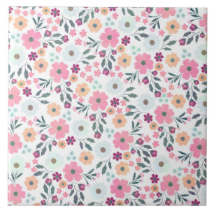 Rosa blommor Botaniskt vitmönster Kakelplatta