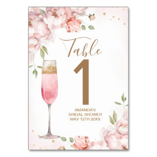 Rosa blommor Brunch & Bubbly Bröllopsdusch Bordsnummer