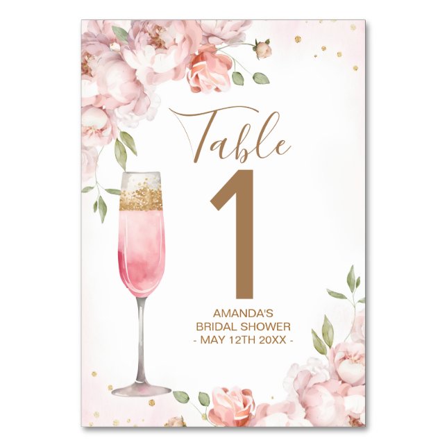 Rosa blommor Brunch & Bubbly Bröllopsdusch  Bordsnummer (Framsidan)