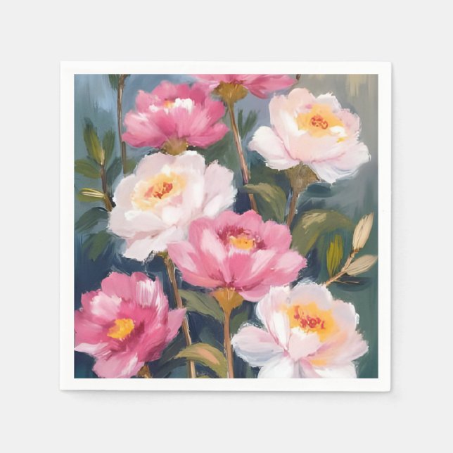 Rosa blommor bukett vattenfärg med pioner pappersservett (Framsidan)