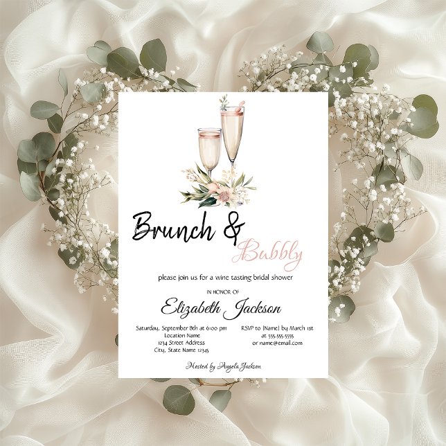 Rosa blommor Champagneglas Brunch & Bubbly Inbjudningar (Skapare uppladdad)