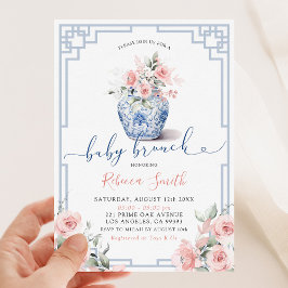 Rosa Blommor Chinoiserie Baby Brunch Inbjudningar