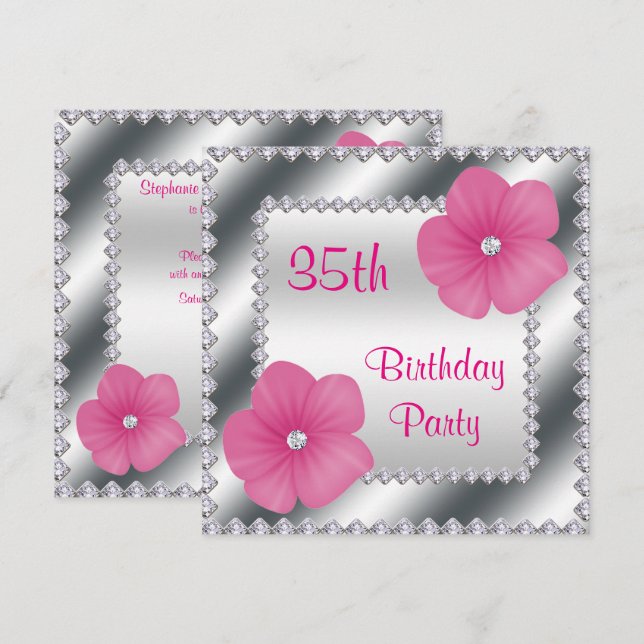 Rosa blommor & diamanter 35-årsdag inbjudningar (Fram/baksida)