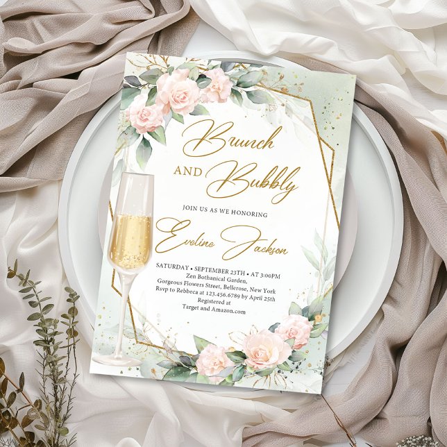  rosa blommor eucalyptus brunch och bubbelfärgad inbjudningar (Watercolor delicate blush roses eucalyptus and gold frame brunch and bubbly invitation template)