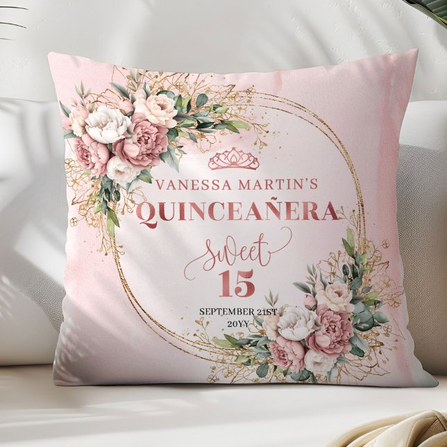 Rosa Blommor Eukalyptus Perfekt Gåva 15-årsdag Kudde (Blush Pink Flowers Eucalyptus Perfect Gift 15 Pillow)