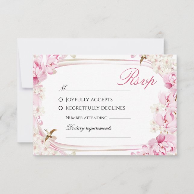 Rosa Blommor & Fågel Bröllop RSVP-kort - Romantisk OSA Kort (Framsida)
