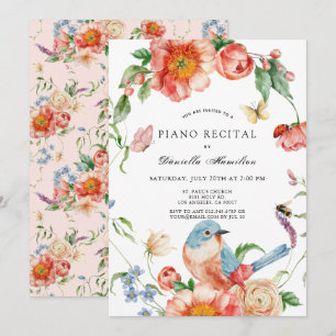 Rosa blommor & Fågel Piano Vit Konsert Inbjudningar