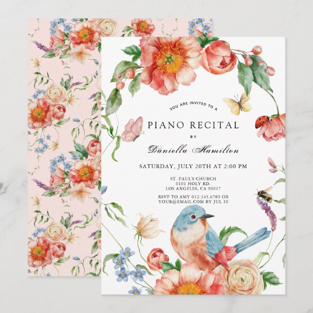 Rosa blommor & Fågel Piano Vit Konsert Inbjudningar (Fram/baksida)