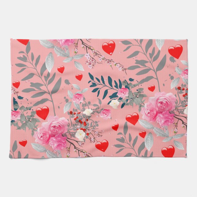 Rosa blommor fält kökshandduk (Horisontell)