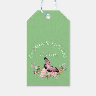 Rosa blommor & Fjäril på grön bröllopsbakgrund Presentetikett