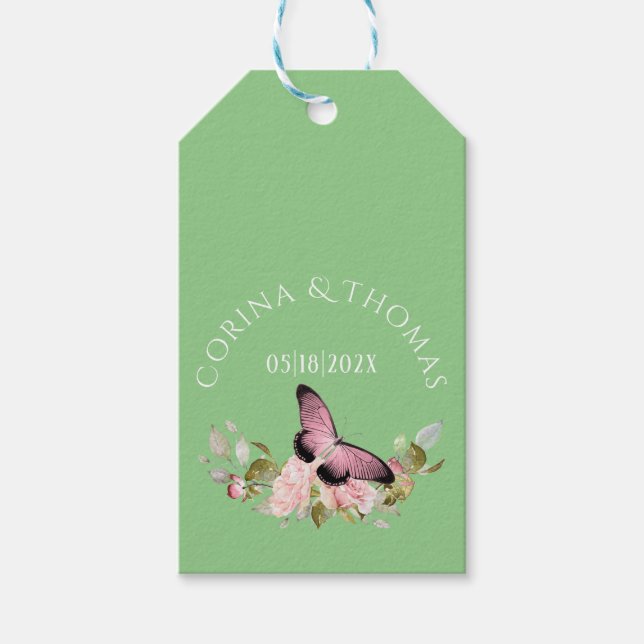 Rosa blommor & Fjäril på grön bröllopsbakgrund Presentetikett (Framsidan)