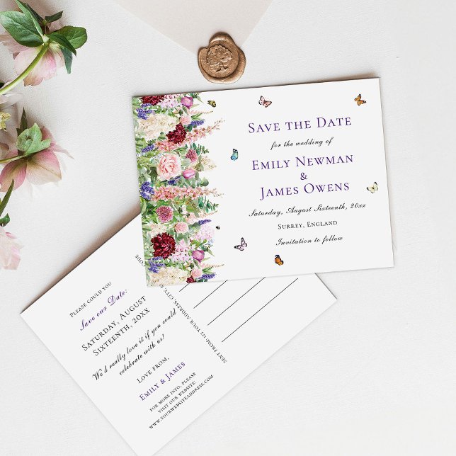 Rosa blommor & fjärilar | Bröllop Save the Date Meddelande Vykort (Skapare uppladdad)