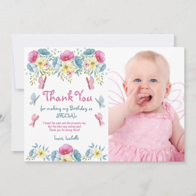 Rosa blommor Fjärilar Foto Födelsedag Tack Kort (Framsida)