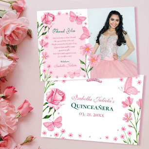Rosa Blommor Fjärilar Foto Quinceañera Tack Kort