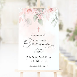 Rosa Blommor Första Kommunion Välkommen Poster