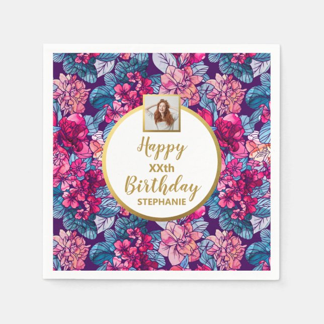 Rosa blommor, foto, alla åldrar, anpassad födelsed pappersservett (Framsidan)