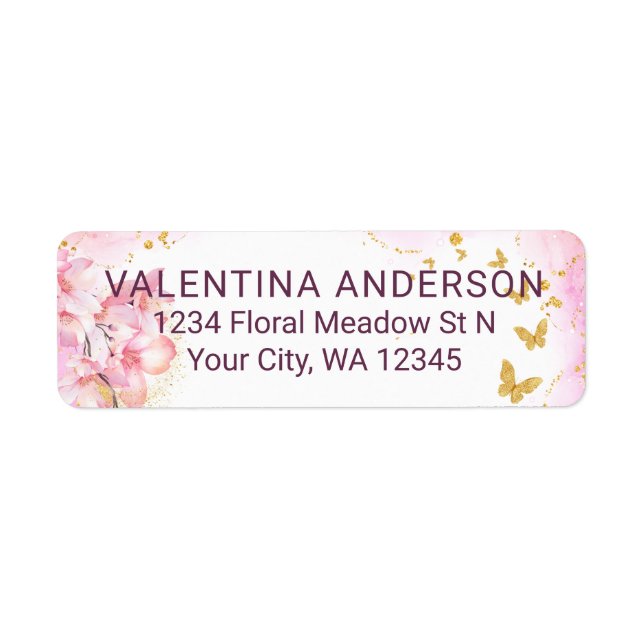 Rosa Blommor från Guld Glitter Butterflies Returadress Etikett (Framsidan)