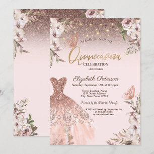Rosa blommor Glitterfjärilar Klänning Quinceañera Inbjudningar