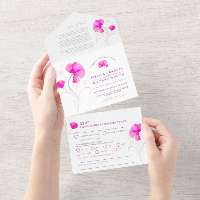 Rosa blommor grå virvel vattenfärg bröllop (Tearaway)