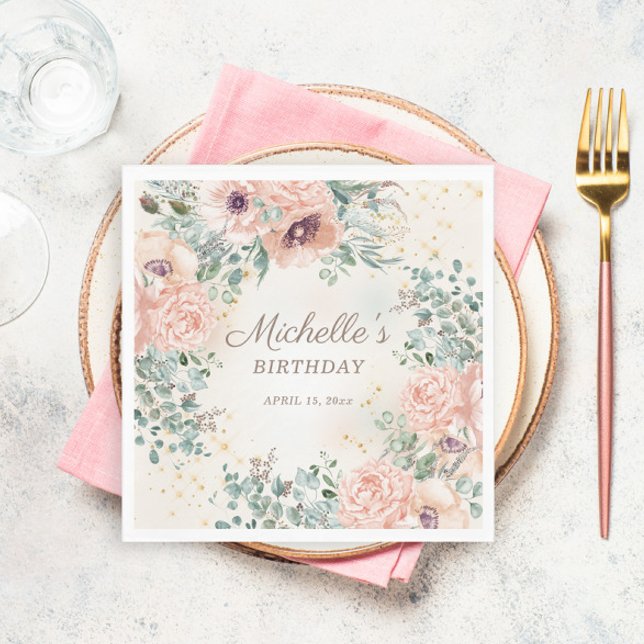 Rosa Blommor Grön Lövverk Guld Glitter Födelsedag Pappersservett (Blush pink floral and sage green leaves birthday party paper napkins)