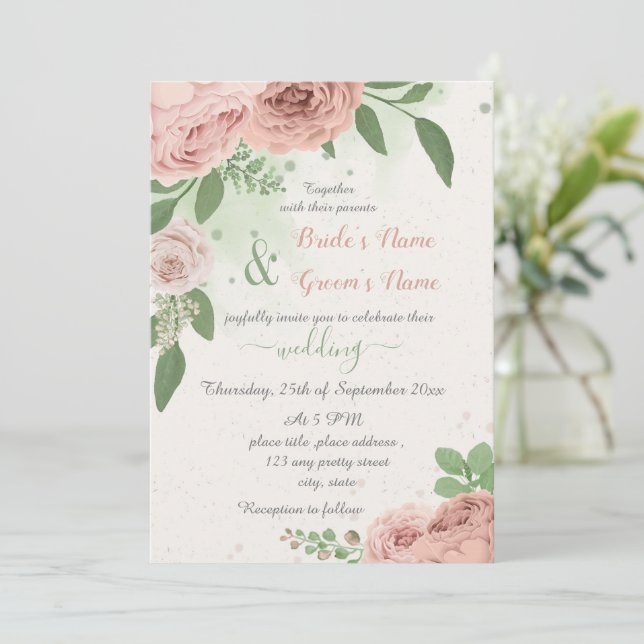 rosa blommor gröna blad bröllop inbjudningar (Stående Fram)