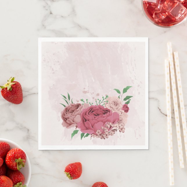 rosa blommor gröna blad bröllop pappersservett (Insitu)