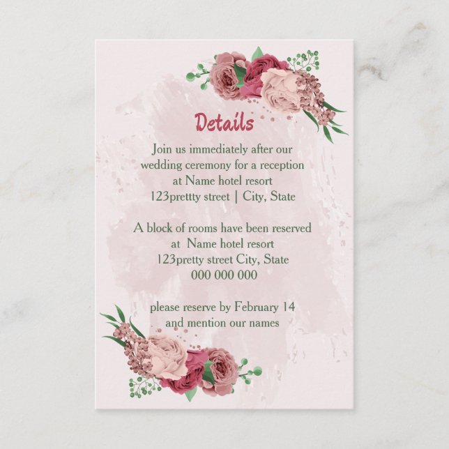 rosa blommor gröna blad bröllopsdetaljer tilläggskort (Framsida)