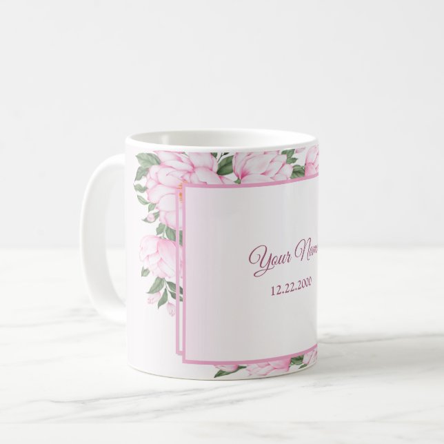 Rosa blommor Gröna blad Elegant bröllopsfest Kaffemugg (Framsida vänster)