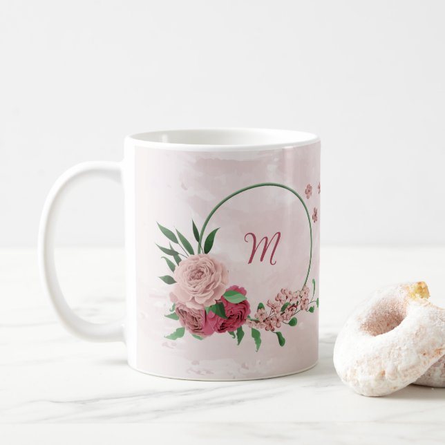rosa blommor gröna blad  kaffemugg (Med munk)
