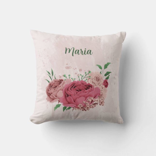 rosa blommor gröna blad  kudde (Framsida)
