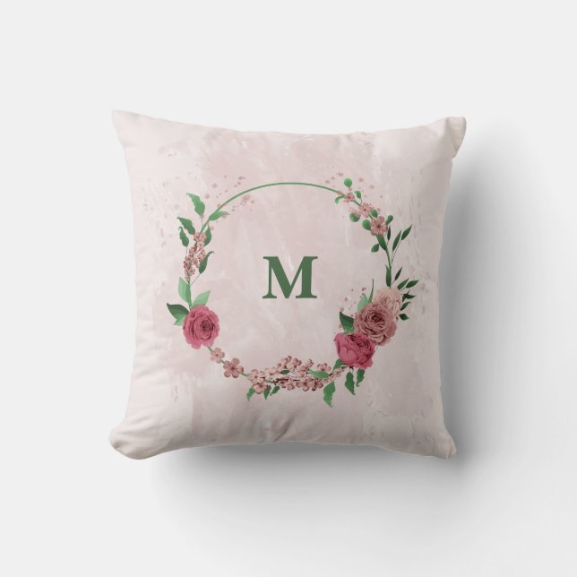 rosa blommor gröna blad  kudde (Framsida)