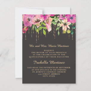 Rosa blommor Gröna blad Svart Guld Quinceañera Inbjudningar