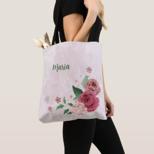 rosa blommor gröna blad  tygkasse