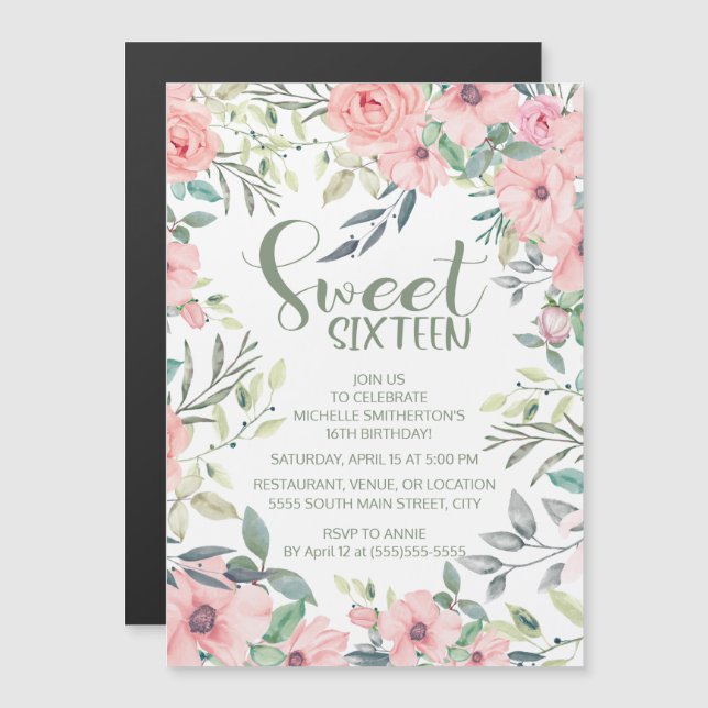 Rosa Blommor Gröna Löv Sweet 16 (Fram/baksida)
