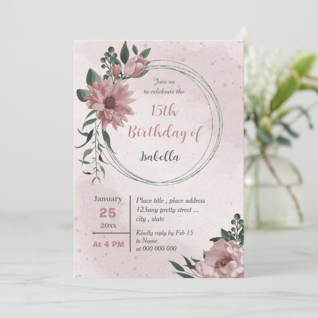 rosa blommor, grönaktig andningsfödelsedag inbjudningar (Stående Fram)