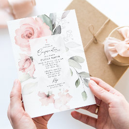 Rosa blommor, grönska, blomsterbekräftelse inbjudningar