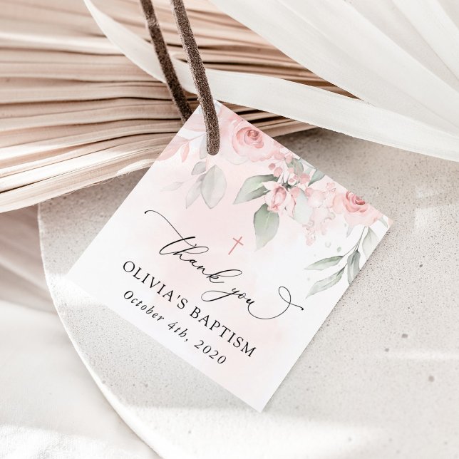 Rosa Blommor, Grönska, Boho, Blommig Dop Gåvor Etiketter (Skapare uppladdad)