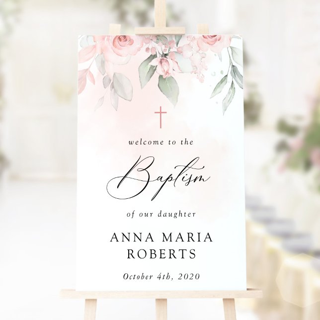 Rosa blommor, grönska, Boho, välkommen till dopet Poster (Skapare uppladdad)